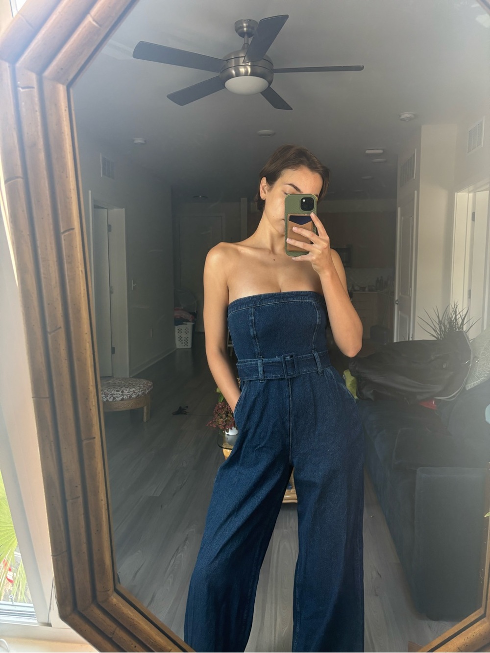 Reformation Strapless Dark Blue Denim Jumpsuit - Picture 2 of 6